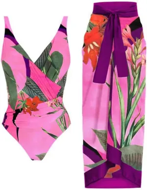 Womens One Piece Floral Bathing Suit with Beach Cover up Wrap Skirt Two Piece Tummy Control Monokini Set Swimsuit