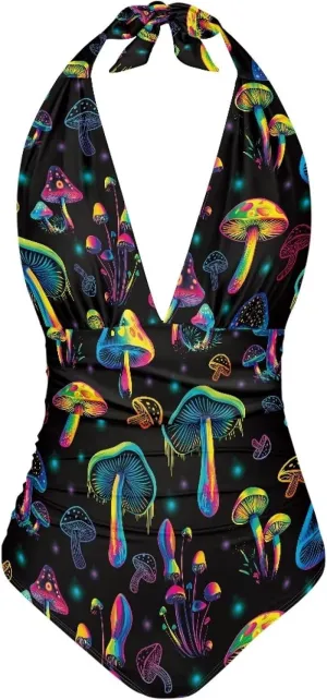 Women's One Piece Swimsuit Tummy Control V Neck Backless Bathing Suit Casual Slimming Swimwear