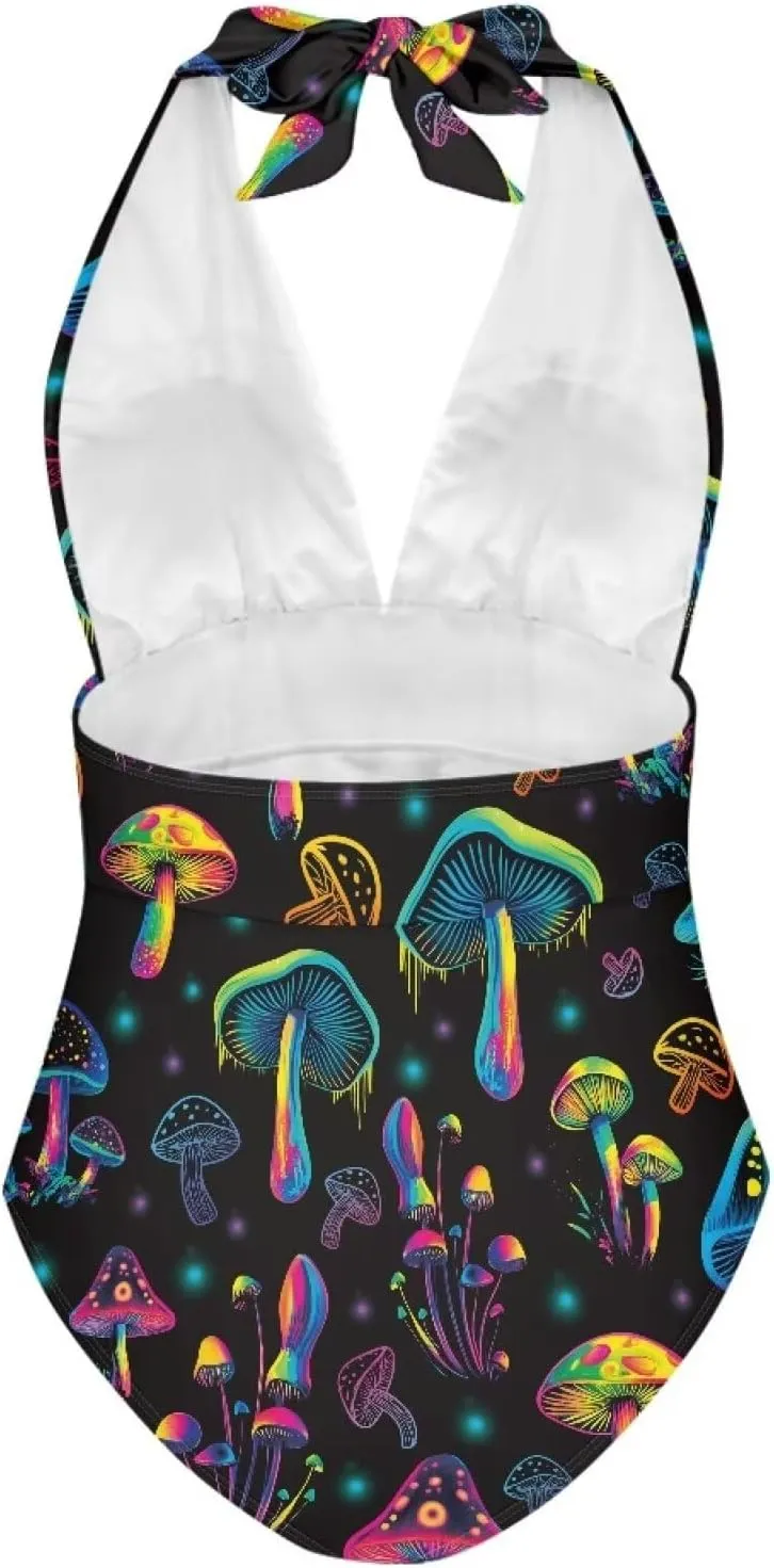 Women's One Piece Swimsuit Tummy Control V Neck Backless Bathing Suit Casual Slimming Swimwear