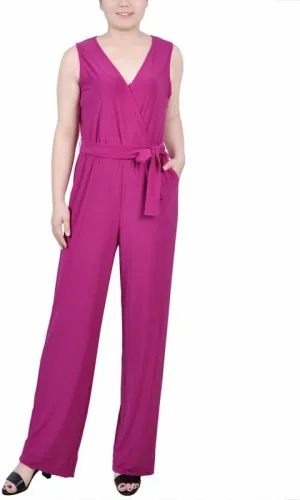 Women's Petite Belted Jumpsuit (Purple Wine, Petite Medium)