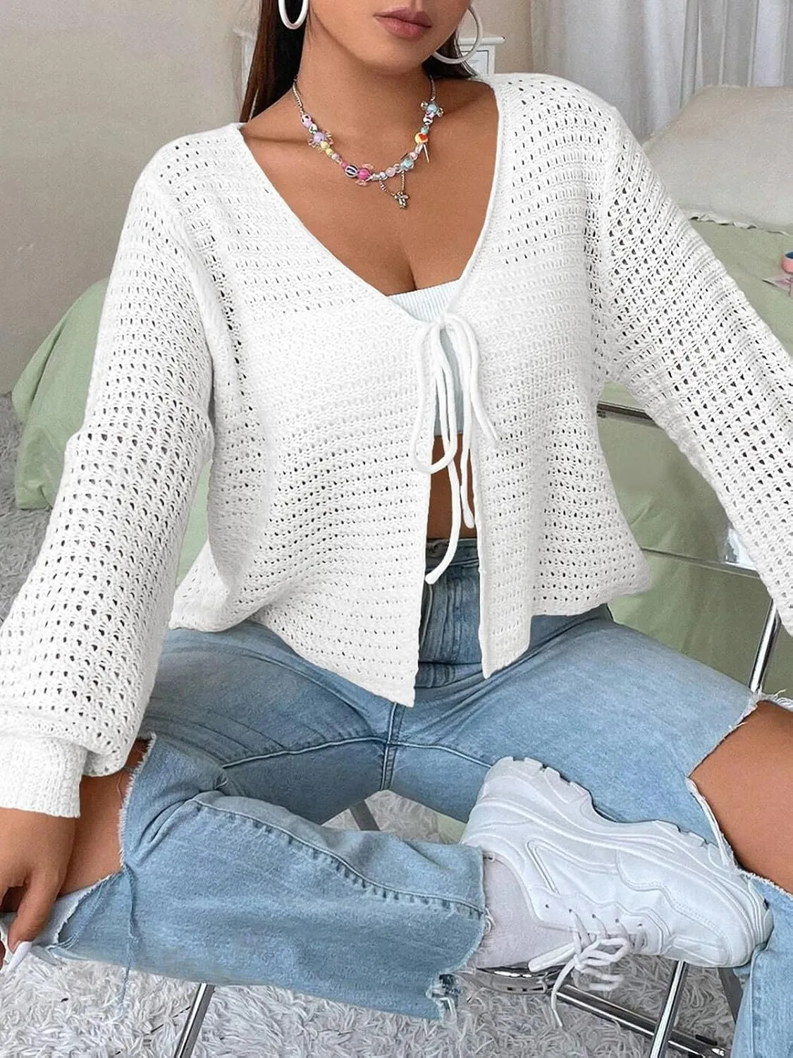Women's Plus Size Cardigan Hollow Out Open Knit Sweater Ladies Tie Front Shrug, Throw On with Tank Top