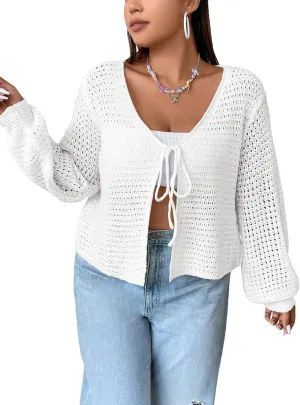 Women's Plus Size Cardigan Hollow Out Open Knit Sweater Ladies Tie Front Shrug, Throw On with Tank Top