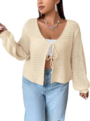 Women's Plus Size Cardigan Hollow Out Open Knit Sweater Ladies Tie Front Shrug, Throw On with Tank Top