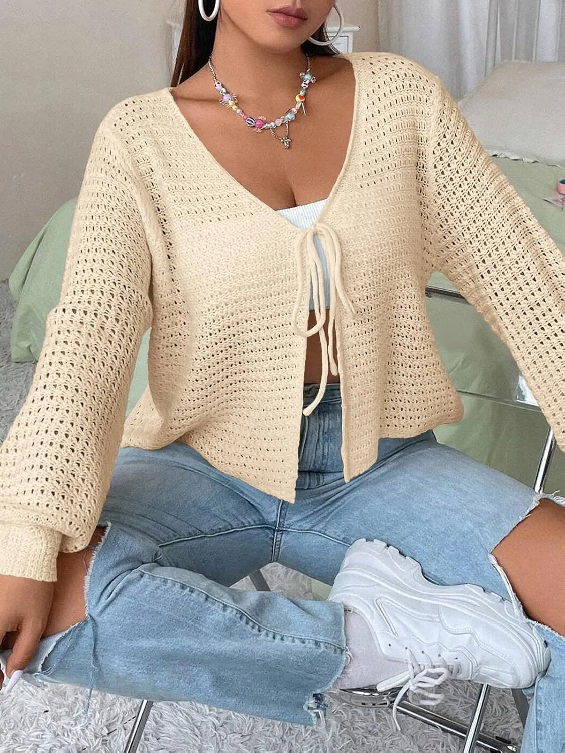 Women's Plus Size Cardigan Hollow Out Open Knit Sweater Ladies Tie Front Shrug, Throw On with Tank Top
