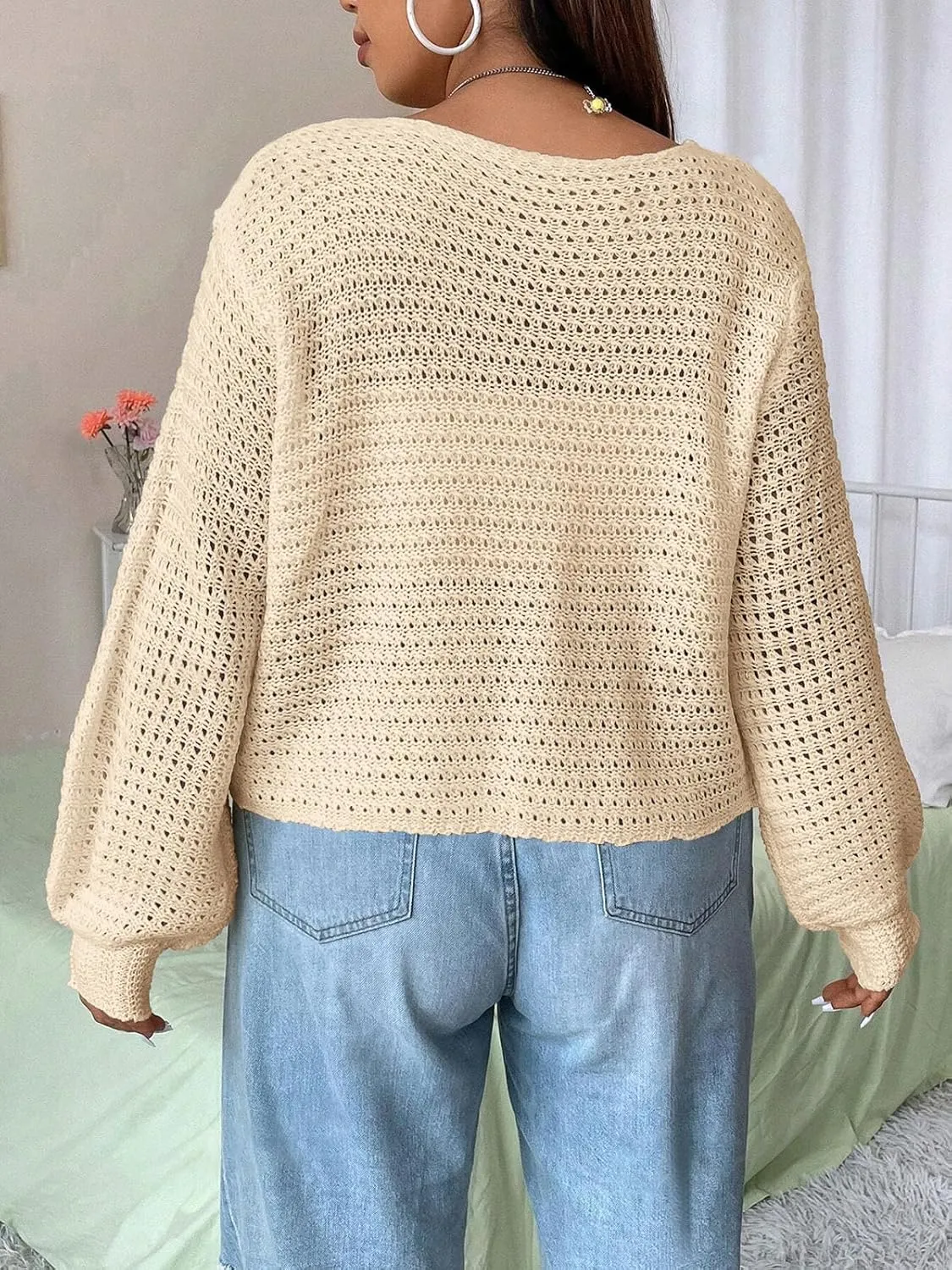Women's Plus Size Cardigan Hollow Out Open Knit Sweater Ladies Tie Front Shrug, Throw On with Tank Top