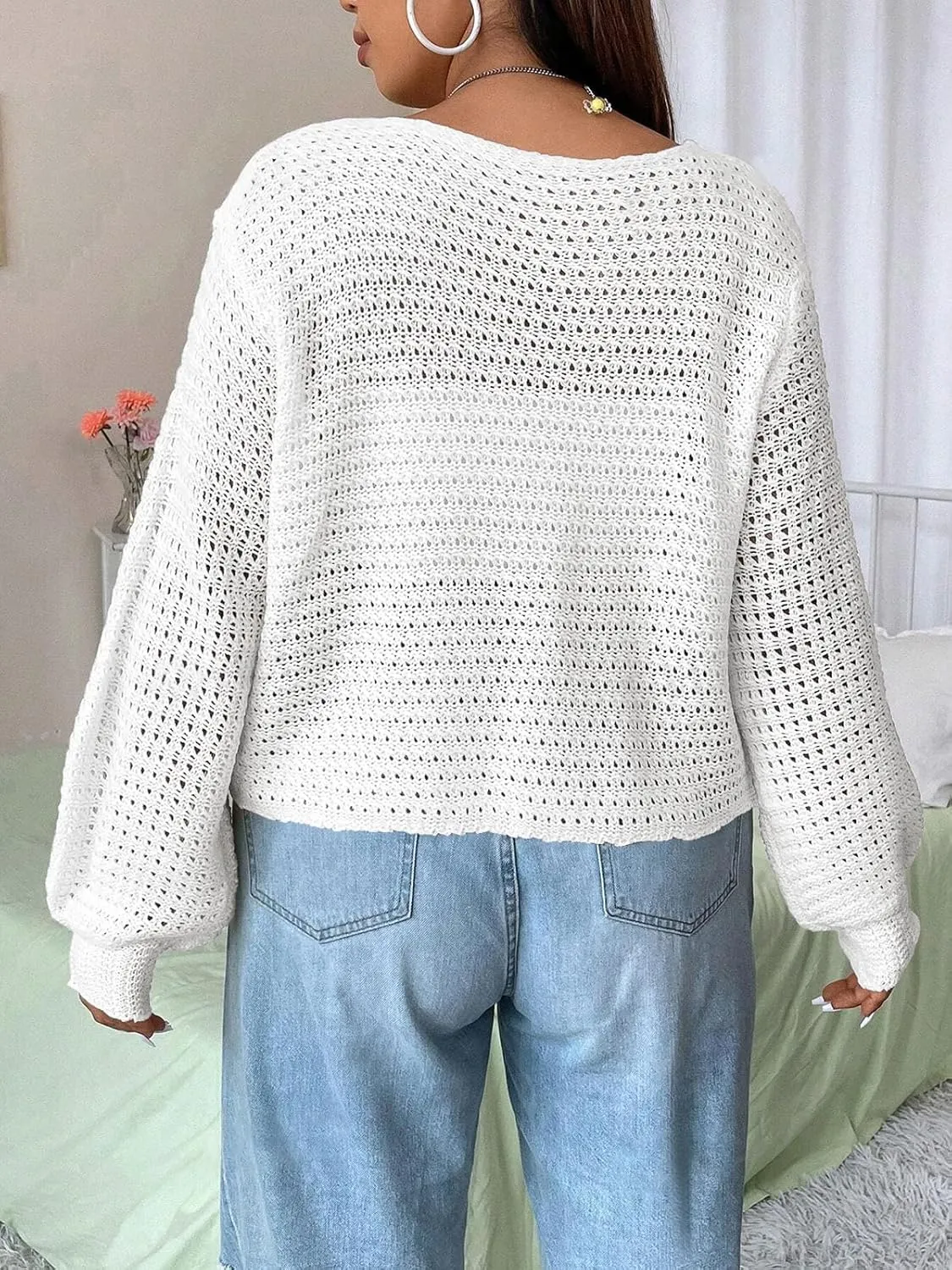 Women's Plus Size Cardigan Hollow Out Open Knit Sweater Ladies Tie Front Shrug, Throw On with Tank Top