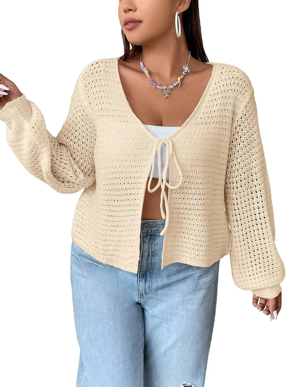 Women's Plus Size Cardigan Hollow Out Open Knit Sweater Ladies Tie Front Shrug, Throw On with Tank Top