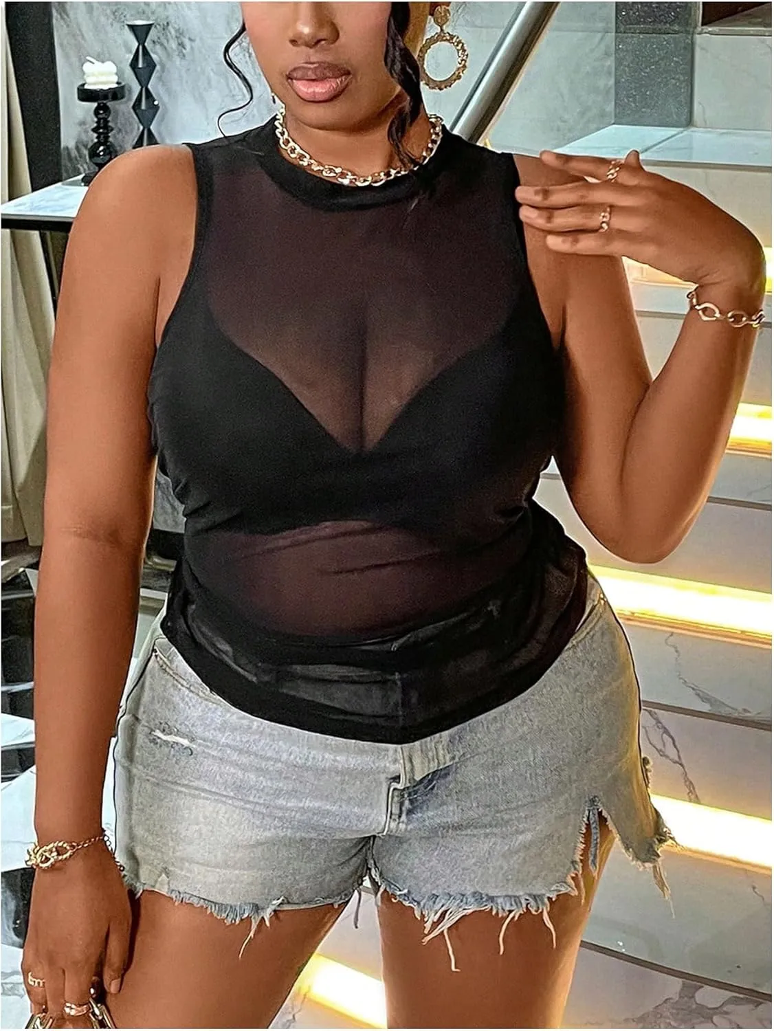 Women's Plus Size Sheer Mesh Top Ruched Sexy Sleeveless Crewneck See Through Tank Tops