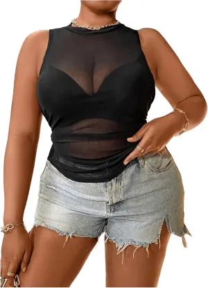 Women's Plus Size Sheer Mesh Top Ruched Sexy Sleeveless Crewneck See Through Tank Tops