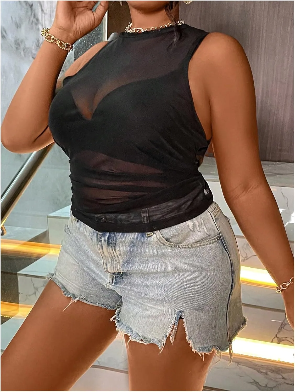 Women's Plus Size Sheer Mesh Top Ruched Sexy Sleeveless Crewneck See Through Tank Tops
