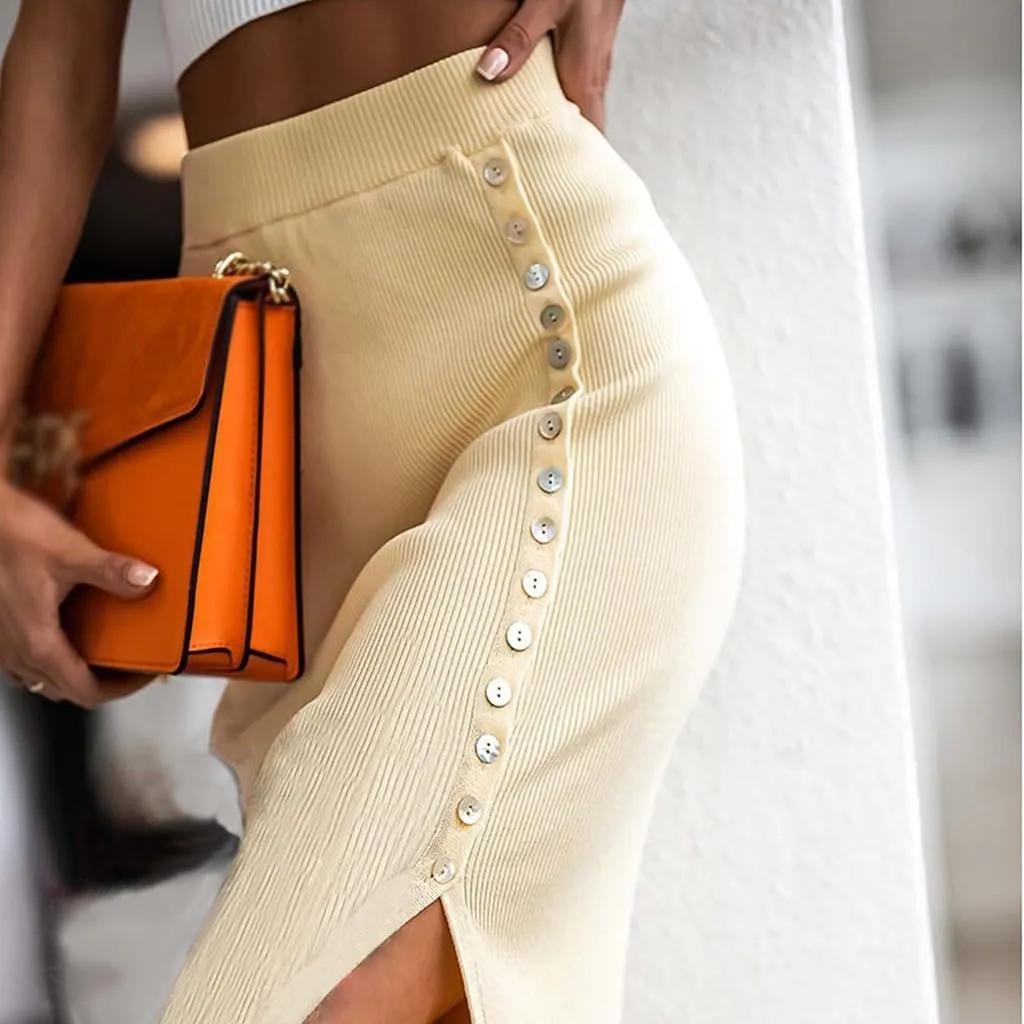 Women's Ribbed Knit Split Stretchy Pencil Bodycon Midi Skirt Elegant Slim High Waist Long Maxi Skirt