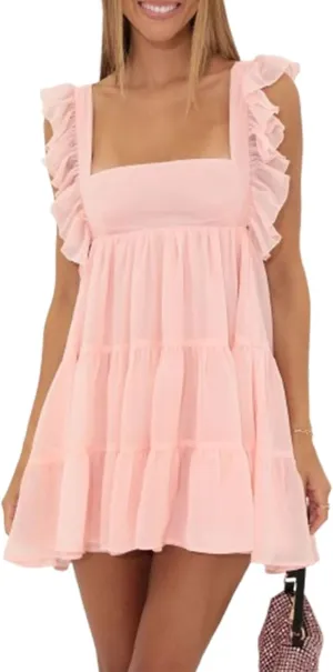 Women's Ruffle Straps Mini Dress Sleeveless Open Back Square Neck Flowy Dresses Y2k Solid A Line Babydoll Dress