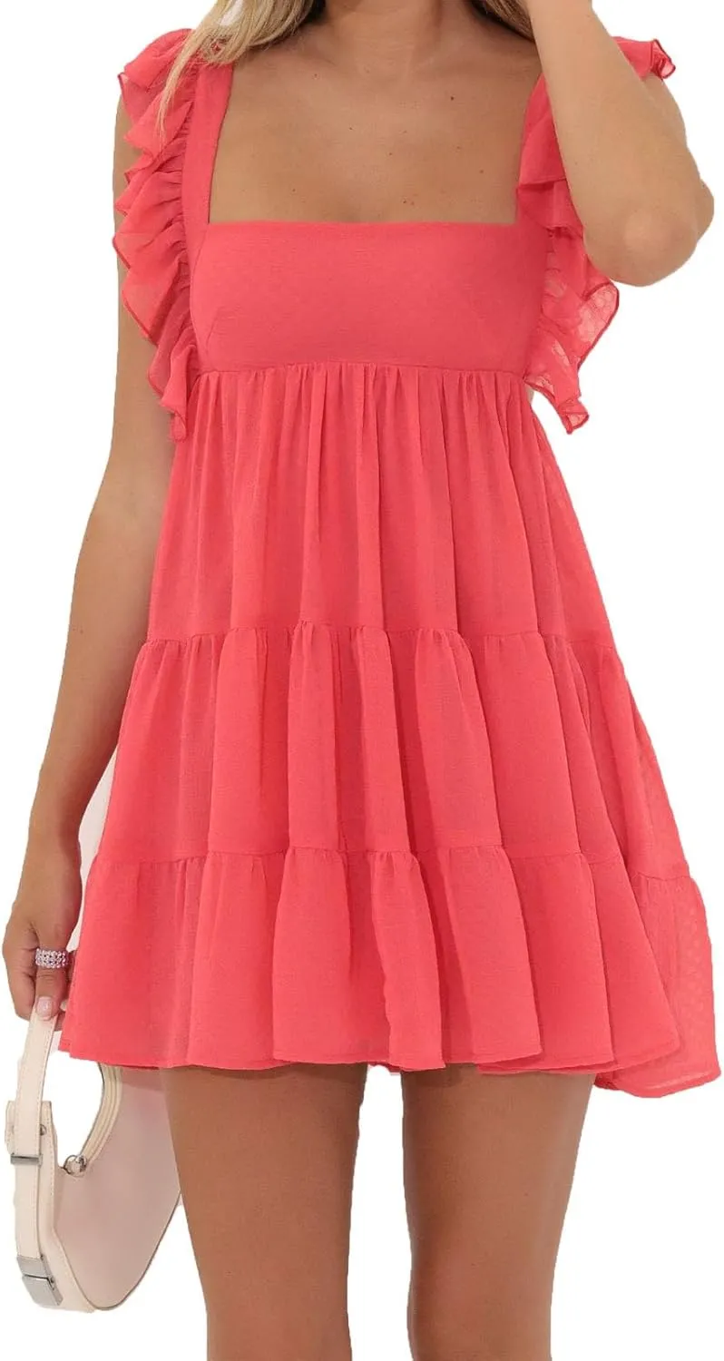 Women's Ruffle Straps Mini Dress Sleeveless Open Back Square Neck Flowy Dresses Y2k Solid A Line Babydoll Dress