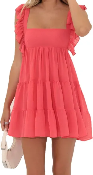 Women's Ruffle Straps Mini Dress Sleeveless Open Back Square Neck Flowy Dresses Y2k Solid A Line Babydoll Dress