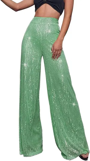 Womens Sequin Flare Pants Women's High Waisted Sequin Loose Drape Wide Leg Pants Fashion Sequence Wide Leg Sequin