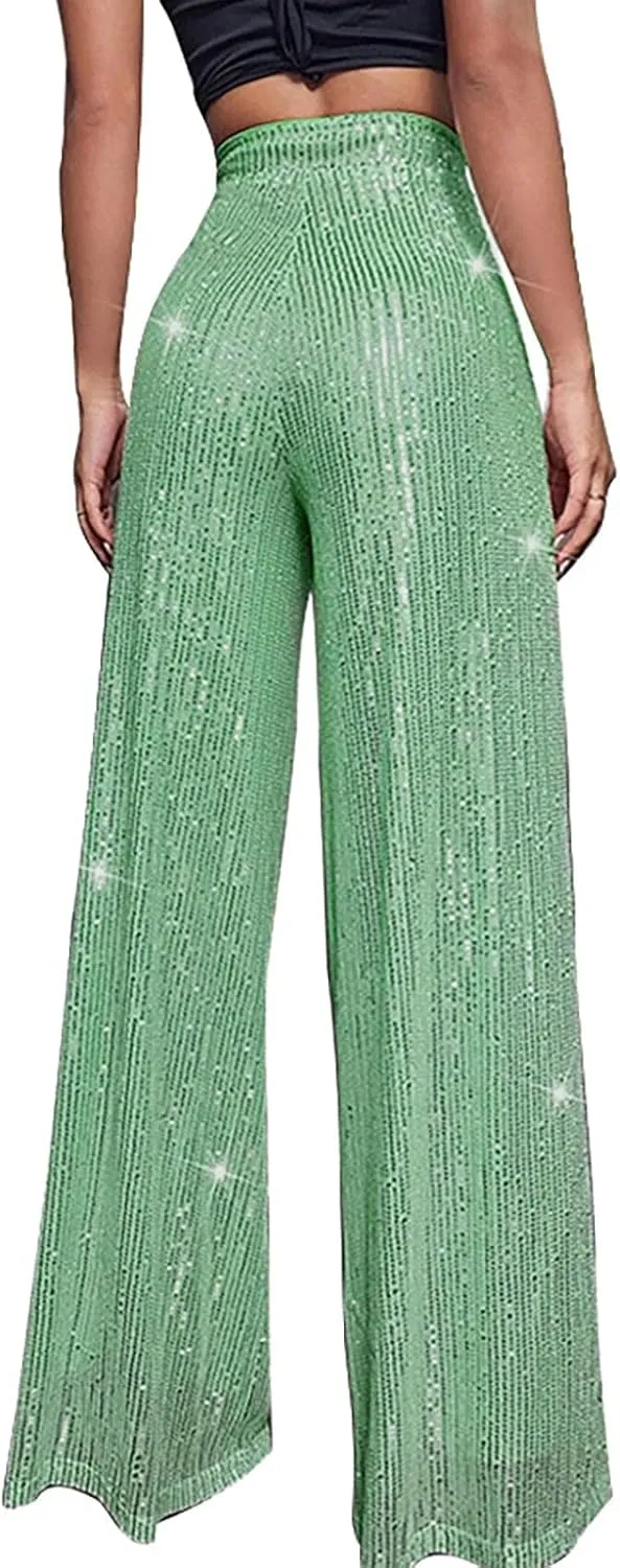 Womens Sequin Flare Pants Women's High Waisted Sequin Loose Drape Wide Leg Pants Fashion Sequence Wide Leg Sequin