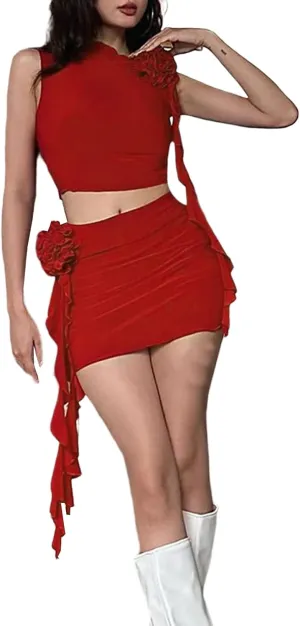 Women's Sexy 2 Piece Outfits Rosette Floral Ruffle Tassel Crop Tank Top High Waist Bodycon Mini Skirts Set Summer
