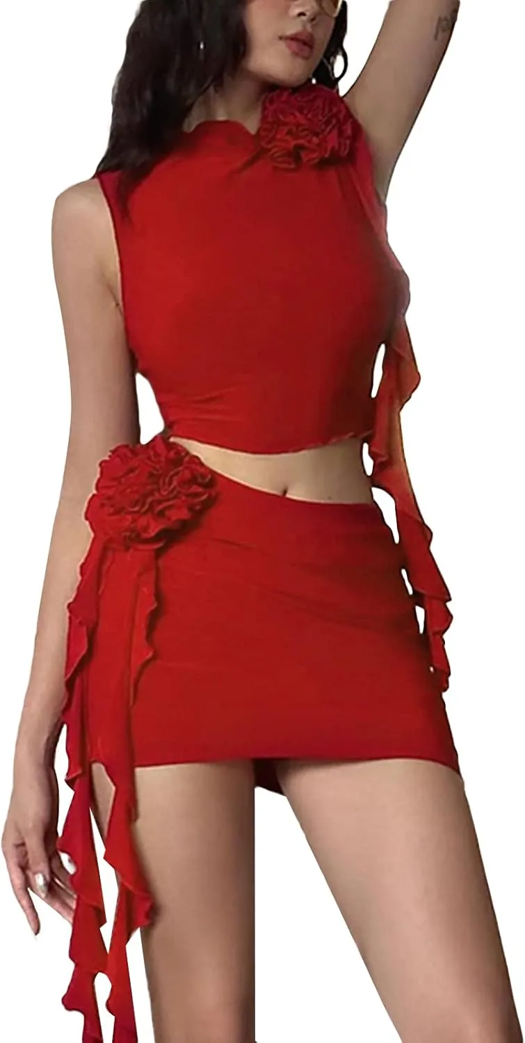 Women's Sexy 2 Piece Outfits Rosette Floral Ruffle Tassel Crop Tank Top High Waist Bodycon Mini Skirts Set Summer