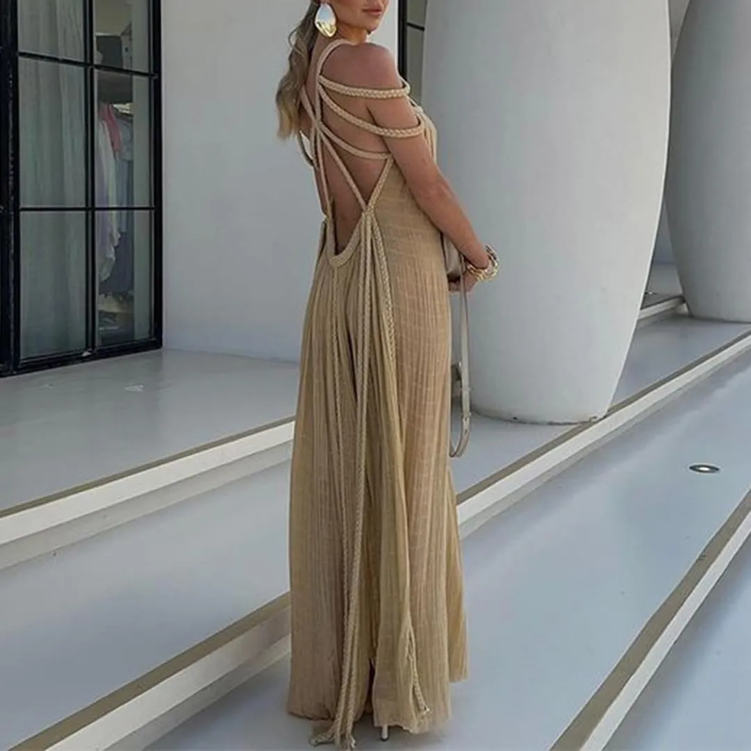 Women's Sexy Spaghetti Strap Backless Maxi Dress Summer Loose Fit Cocktail Party Formal Halter Long Dress Vacation Dress