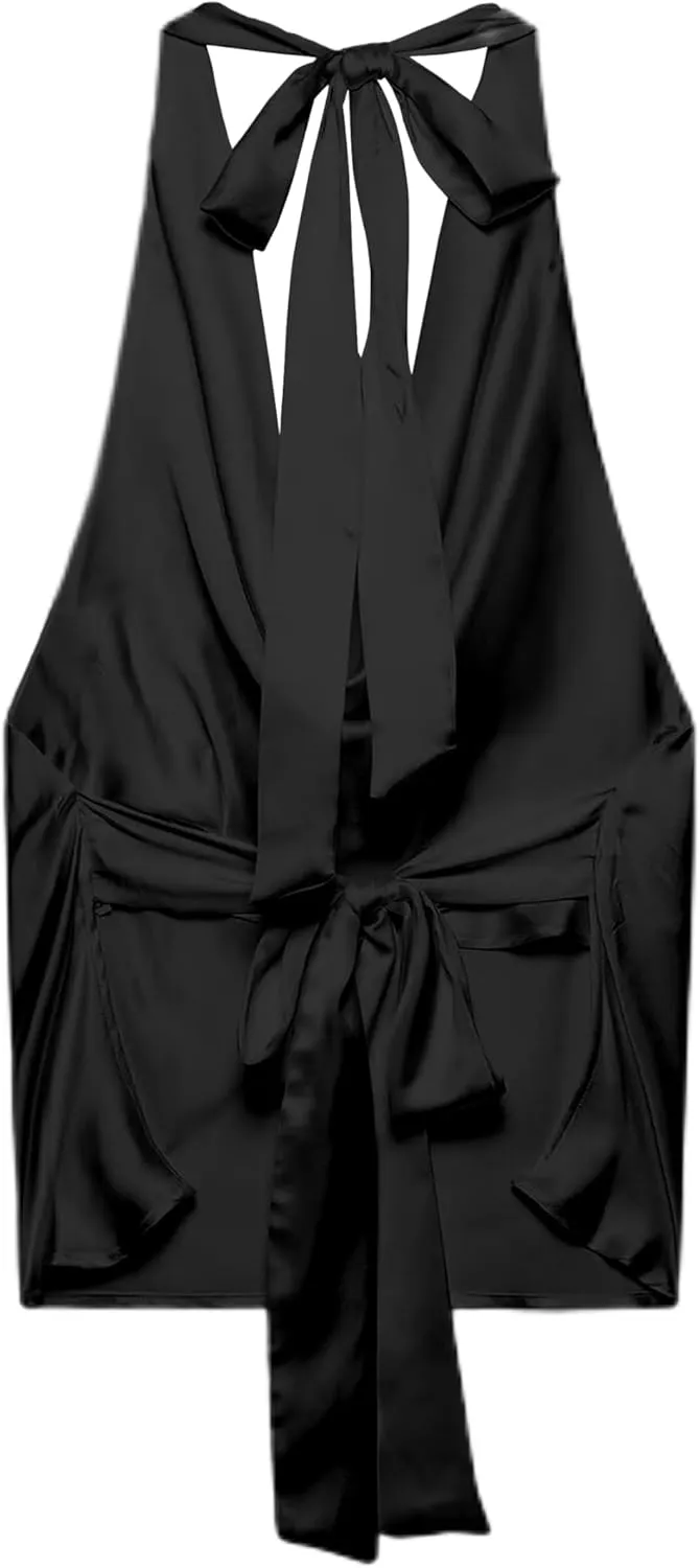 Womens Silk Backless Tank Top Elegant Satin Blouse Tie Back Halter Neck Classic Lady Vest