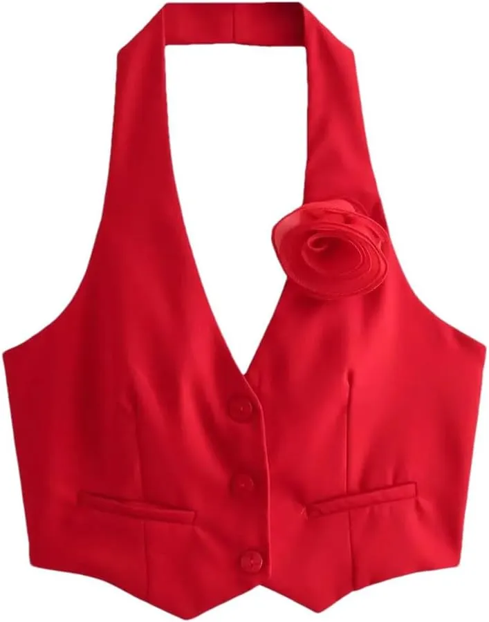 Women's Sleeveless Halter Neck Sweet Camisole Floral Buttons Slim Fit Cropped Tops