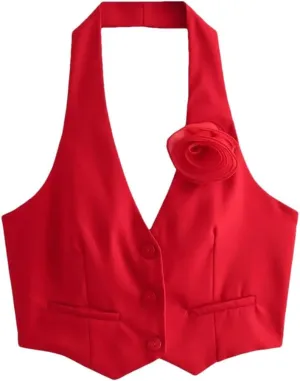 Women's Sleeveless Halter Neck Sweet Camisole Floral Buttons Slim Fit Cropped Tops