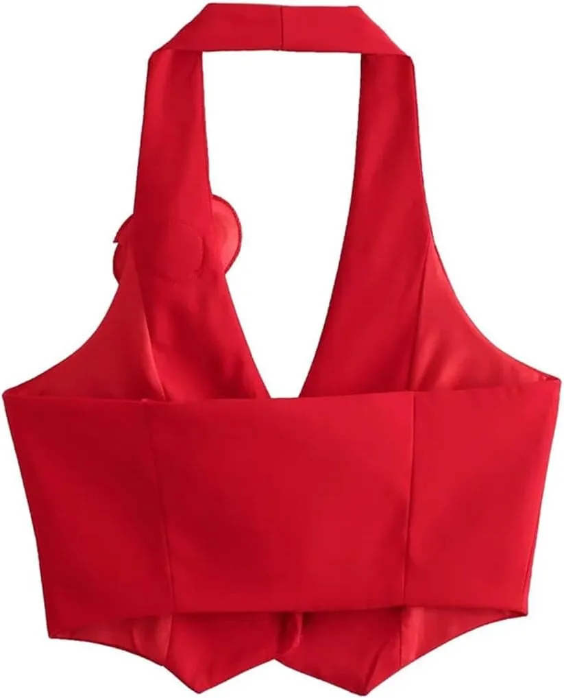 Women's Sleeveless Halter Neck Sweet Camisole Floral Buttons Slim Fit Cropped Tops