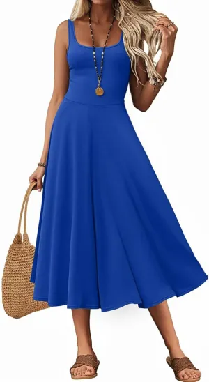 Women's Sleeveless Summer Dress Scoop Neck Casual Loose Flowy Midi Sundresses Tank Fit & Flare Beach Vacation Dress