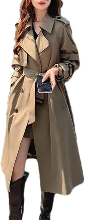 Women's Spring Solid Color Turn-Down Collar Trench Coat  Patchwork Oversized Double-Breasted Long Overcoat
