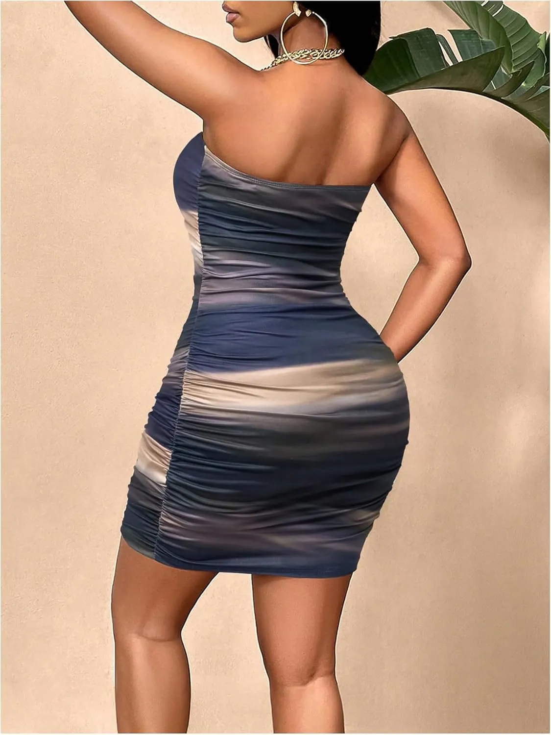 Women's Strapless Tie Dye Bodycon Dress Sleeveless Ruched Night Out Party Mini Tube Dresses