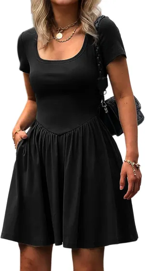 Women's Summer Casual Short Sleeve Mini Dress Square Neck A Line Pleated Swing Dresses Basic Short Dress with Pockets