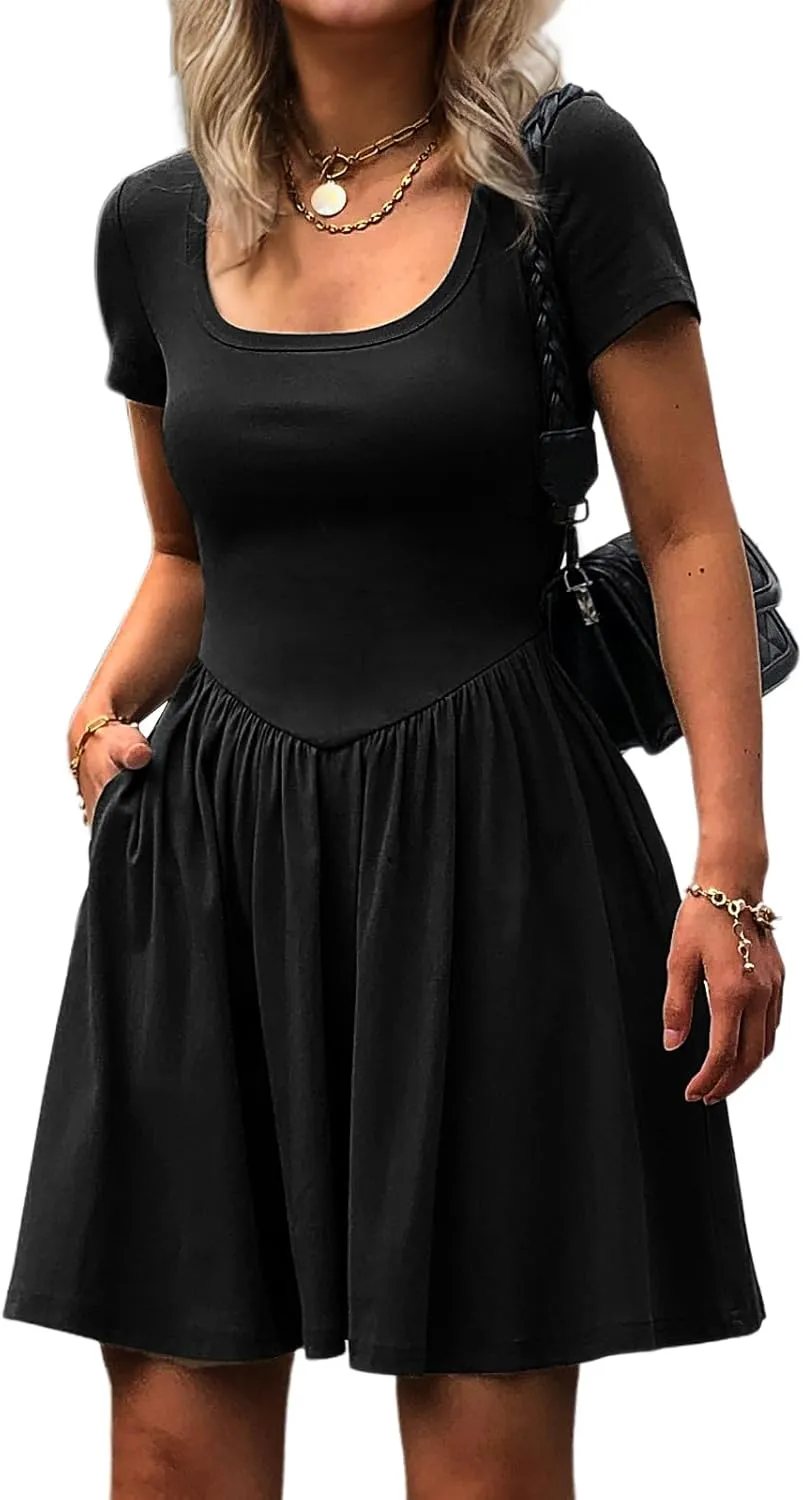 Women's Summer Casual Short Sleeve Mini Dress Square Neck A Line Pleated Swing Dresses Basic Short Dress with Pockets