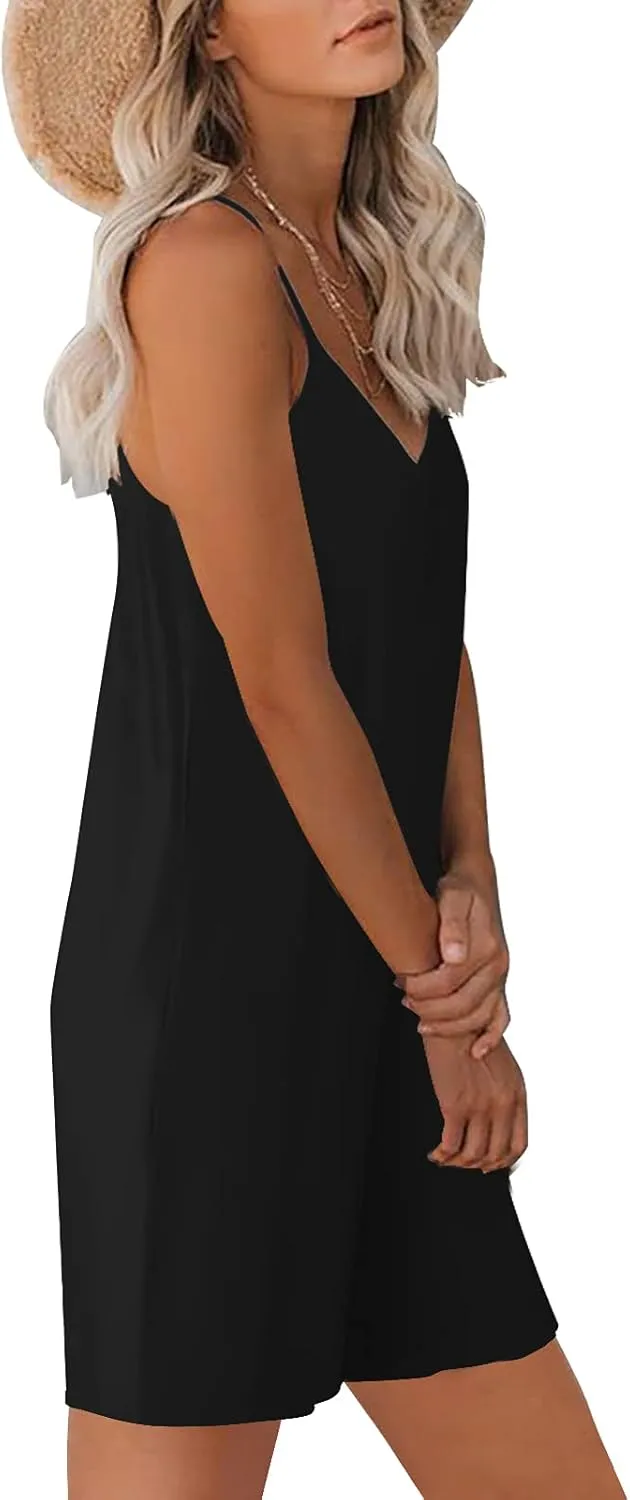Womens Summer Casual Sleeveless Romper Loose Adjustable Spaghetti Strap Shorts Jumpsuits with Pockets 2025 Clothes