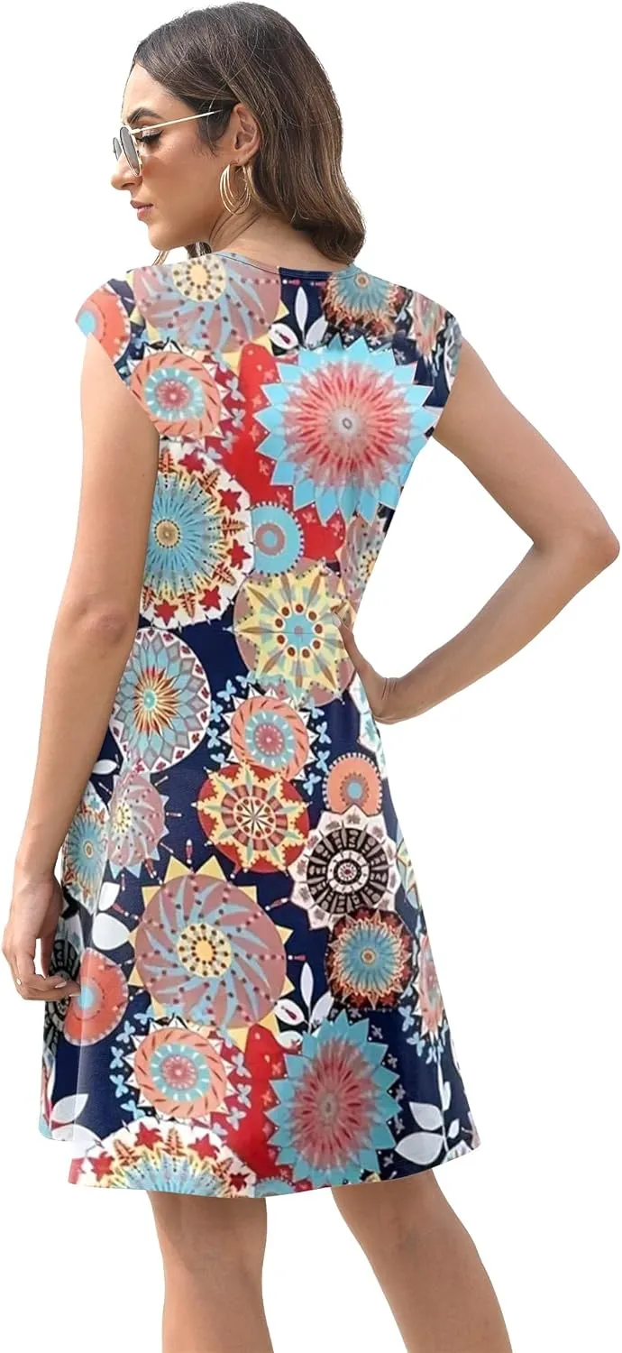 Women's Summer Dress Cap Sleeve Front Keyhole Scoop Neck Sundress 2025 Beach Casual Floral T-Shirt Dress