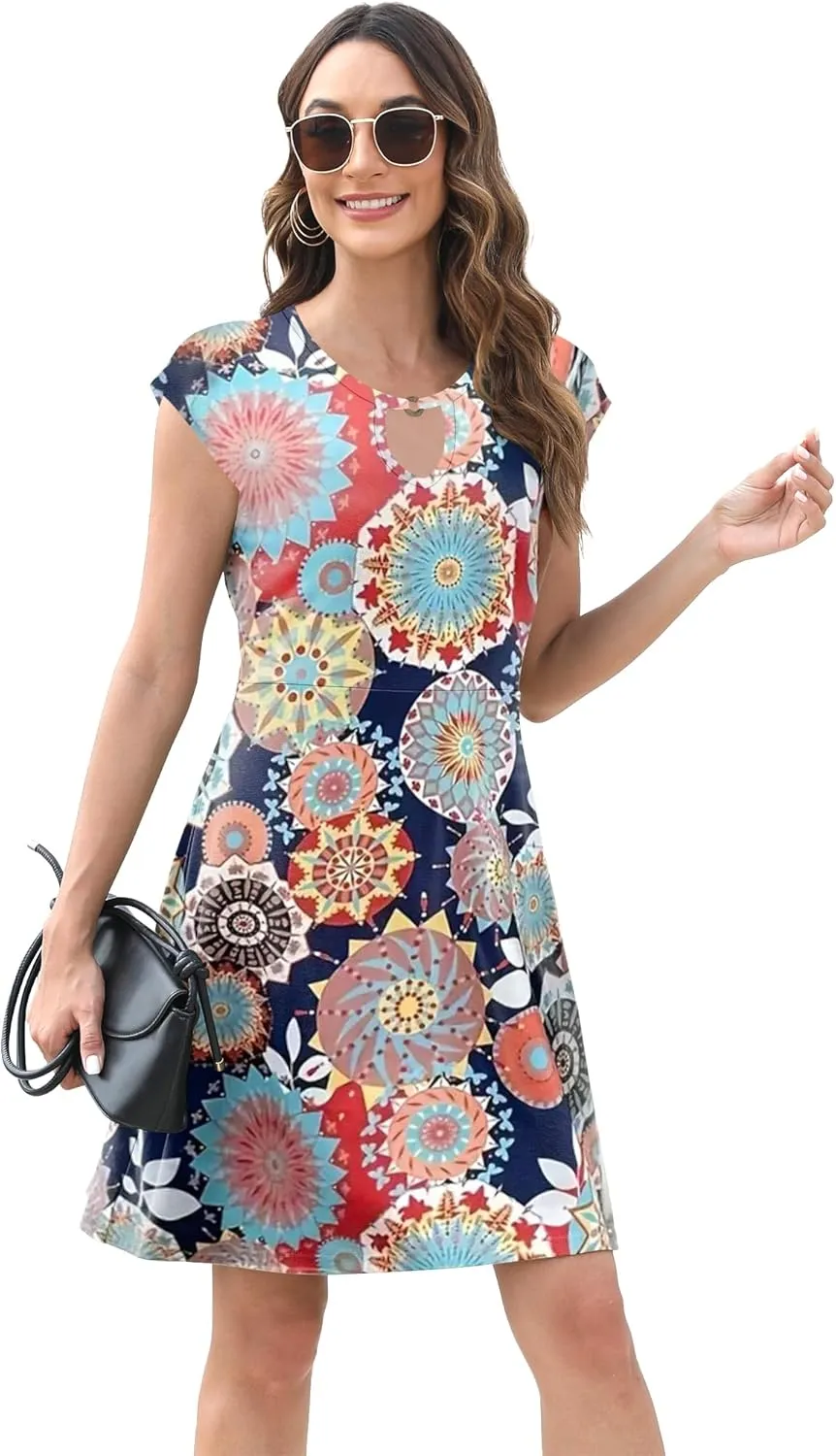 Women's Summer Dress Cap Sleeve Front Keyhole Scoop Neck Sundress 2025 Beach Casual Floral T-Shirt Dress