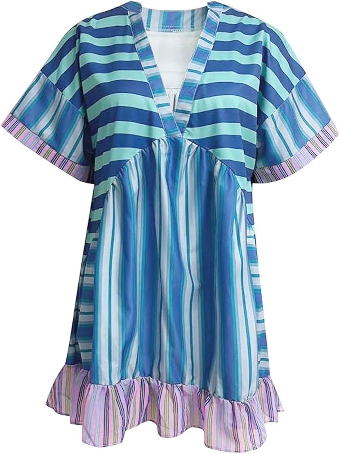 Womens Summer Dress Casual Vintage Floral Boho V Neck Swing Short Sleeve Pleated Ruffle Hem A-Line Beach Mini Dress