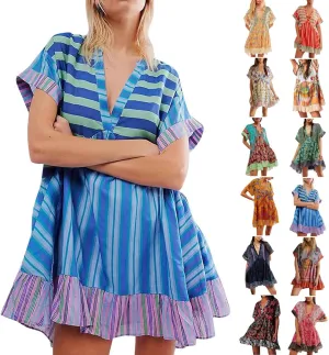 Womens Summer Dress Casual Vintage Floral Boho V Neck Swing Short Sleeve Pleated Ruffle Hem A-Line Beach Mini Dress