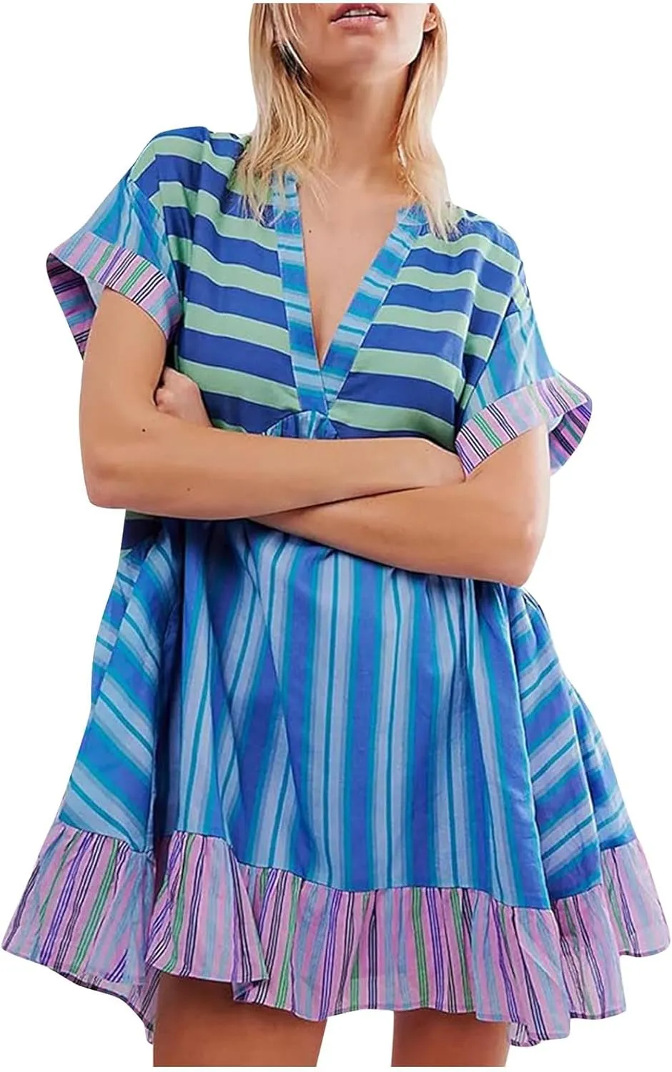 Womens Summer Dress Casual Vintage Floral Boho V Neck Swing Short Sleeve Pleated Ruffle Hem A-Line Beach Mini Dress