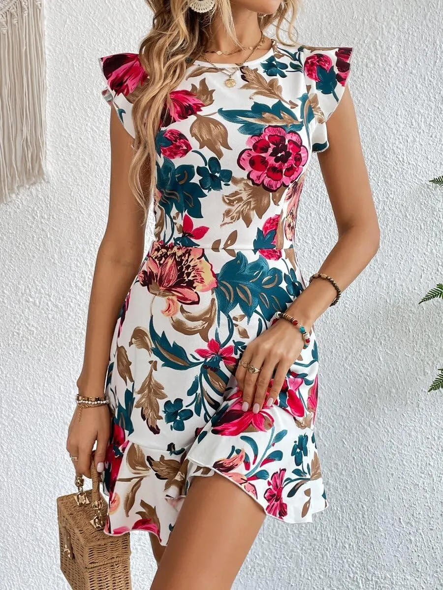 Women's Summer Dress Short Ruffle Sleeve Floral Dress A Line Casual Mini Dress