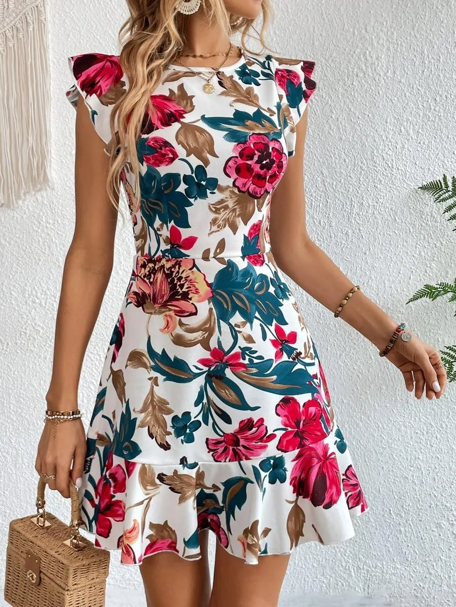 Women's Summer Dress Short Ruffle Sleeve Floral Dress A Line Casual Mini Dress