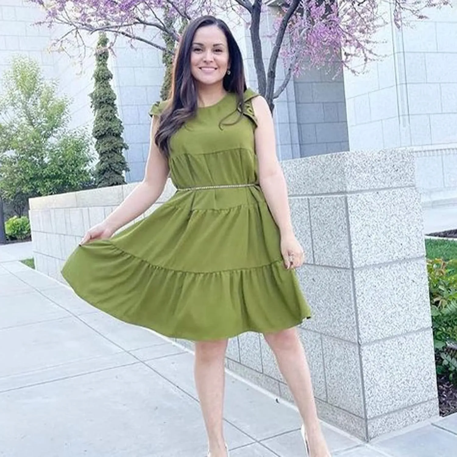 Womens Summer Dress Sleeveless Ruffle Short Sleeve Round Neck Dress Loose Fit Short Flowy Mini Pleated Dresses Army Green-S