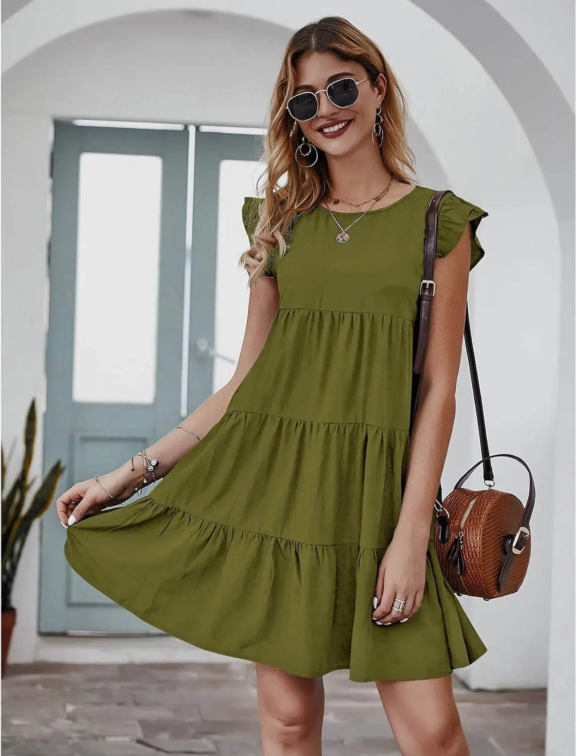 Womens Summer Dress Sleeveless Ruffle Short Sleeve Round Neck Dress Loose Fit Short Flowy Mini Pleated Dresses Army Green-S