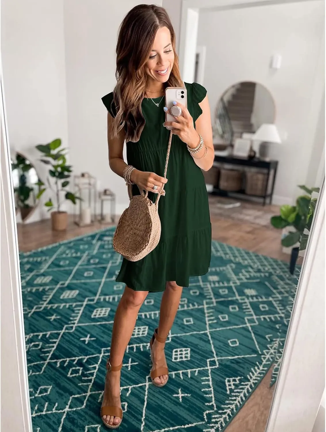 Womens Summer Dress Sleeveless Ruffle Short Sleeve Round Neck Dress Loose Fit Short Flowy Mini Pleated Dresses Army Green-S