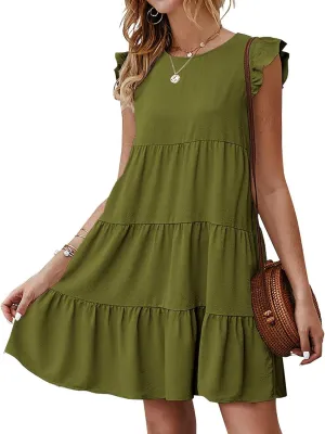 Womens Summer Dress Sleeveless Ruffle Short Sleeve Round Neck Dress Loose Fit Short Flowy Mini Pleated Dresses Army Green-S