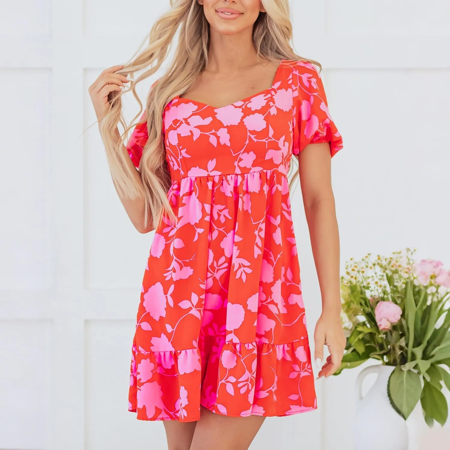 Women's Summer Floral Print Mini Dress Casual Short Puff Sleeve High Waist Sundress Ruffle Vacation Beach Dresses