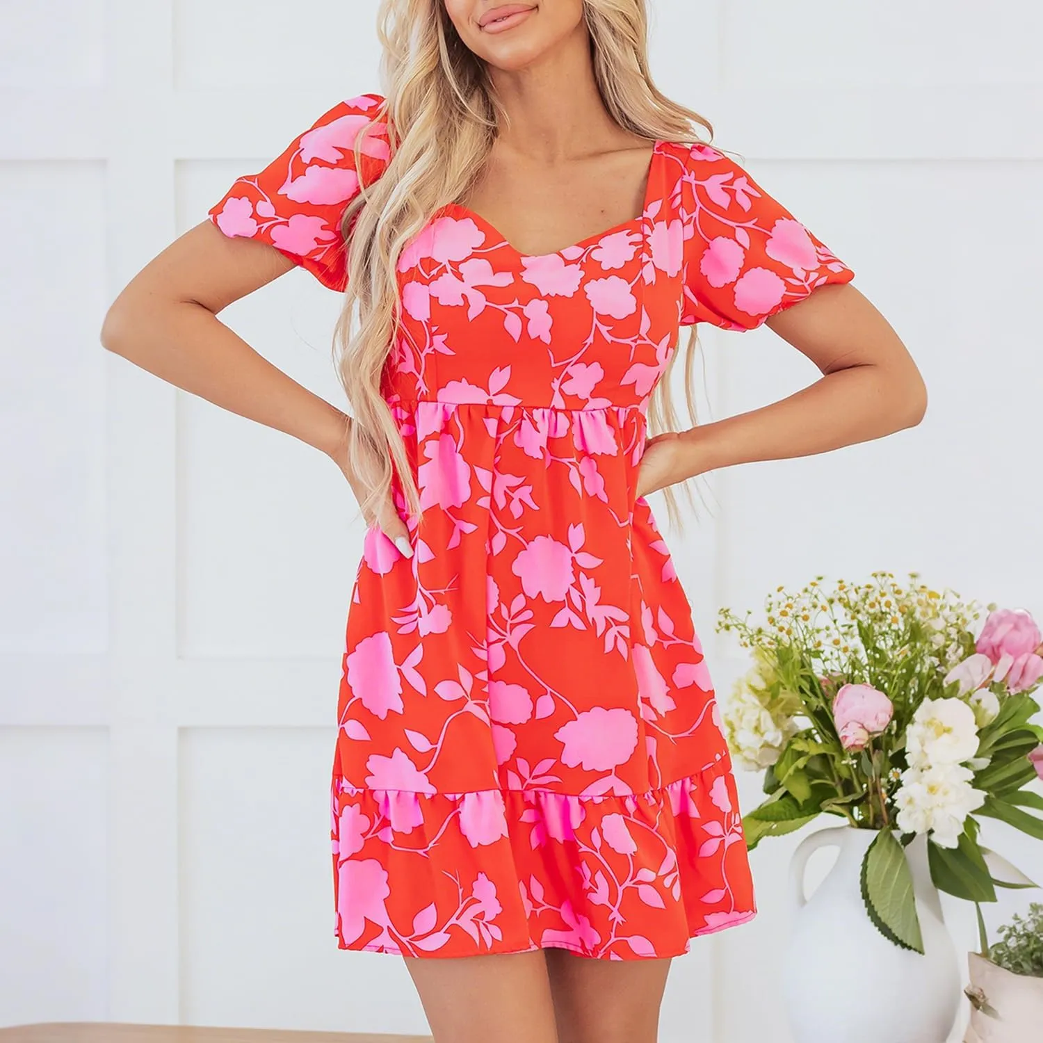 Women's Summer Floral Print Mini Dress Casual Short Puff Sleeve High Waist Sundress Ruffle Vacation Beach Dresses