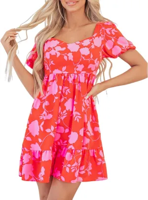 Women's Summer Floral Print Mini Dress Casual Short Puff Sleeve High Waist Sundress Ruffle Vacation Beach Dresses