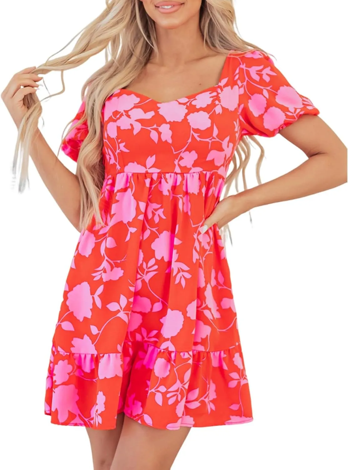 Women's Summer Floral Print Mini Dress Casual Short Puff Sleeve High Waist Sundress Ruffle Vacation Beach Dresses