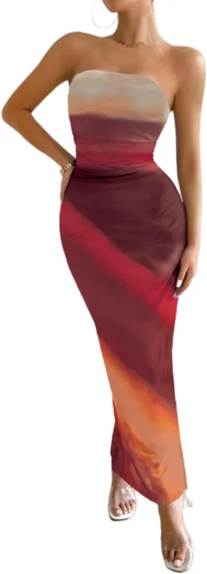 Women's Summer Maxi Dress Tie Dye Strapless Tube Bodycon Side Slit Mesh Layered