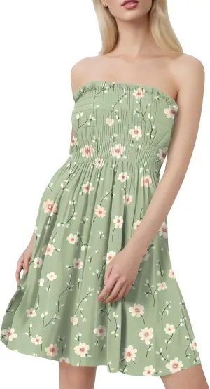 Womens Summer Mini Dress Strapless Sleeveless Trendy Boho Floral Sundress Flowy Ruffle Ruched Sexy Tube Top Dresses